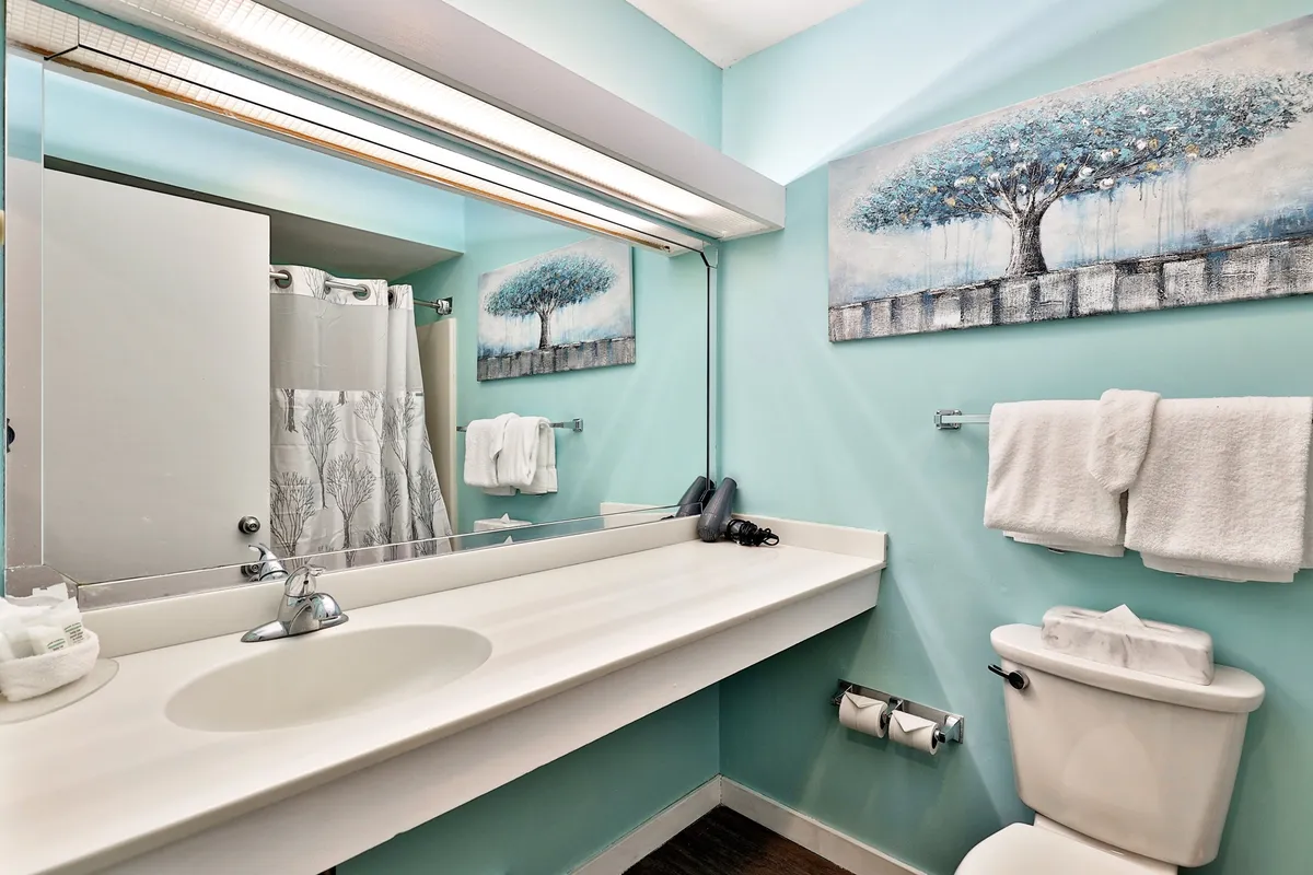 A calm, serene vanity area featuring a large mirror, a stylish sink, and tree-themed artwork. The space is uncluttered and well-lit, ideal for personal care and refreshing routines.